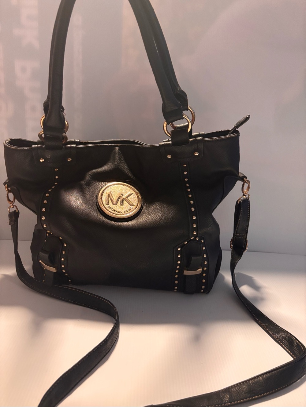 Michael Kors Black Pebbled Studded Shoulder Bag Tote Gold Hardware
